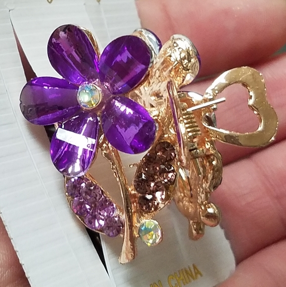 NWT Small Purple Gems & Rose Gold Enamel Flower Hair Clip! - Picture 6 of 16